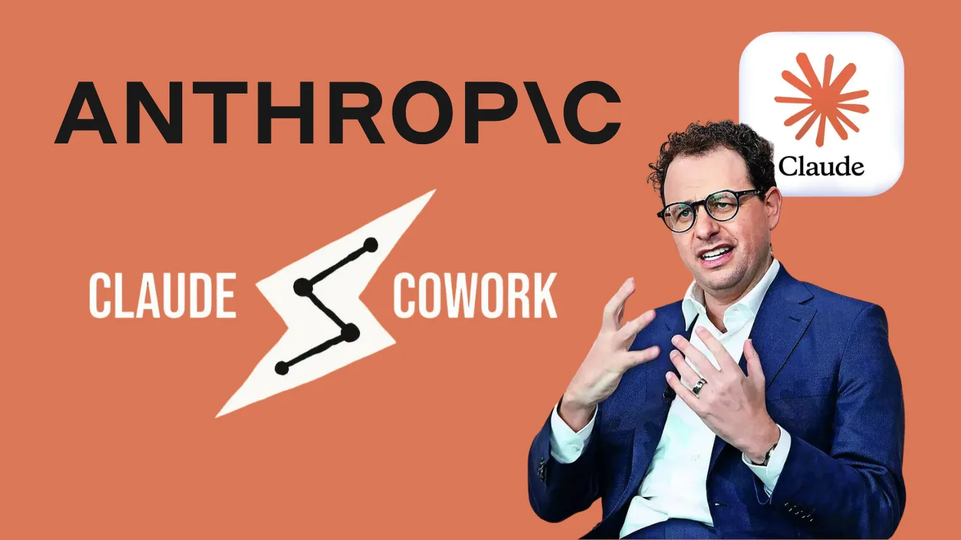 Orange banner with 'ANTHROPOC' text, the Claude Cowork logo, and a man in a blue suit gesturing in a corner.