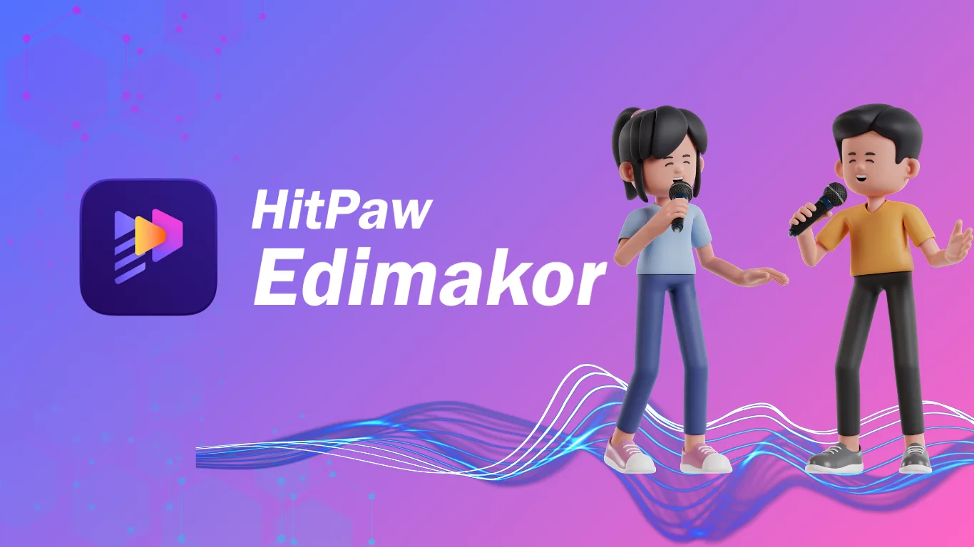 Promotional banner showing HitPaw Edimakor branding with two cartoon singers performing on a purple-pink gradient background and wavy blue lines.
