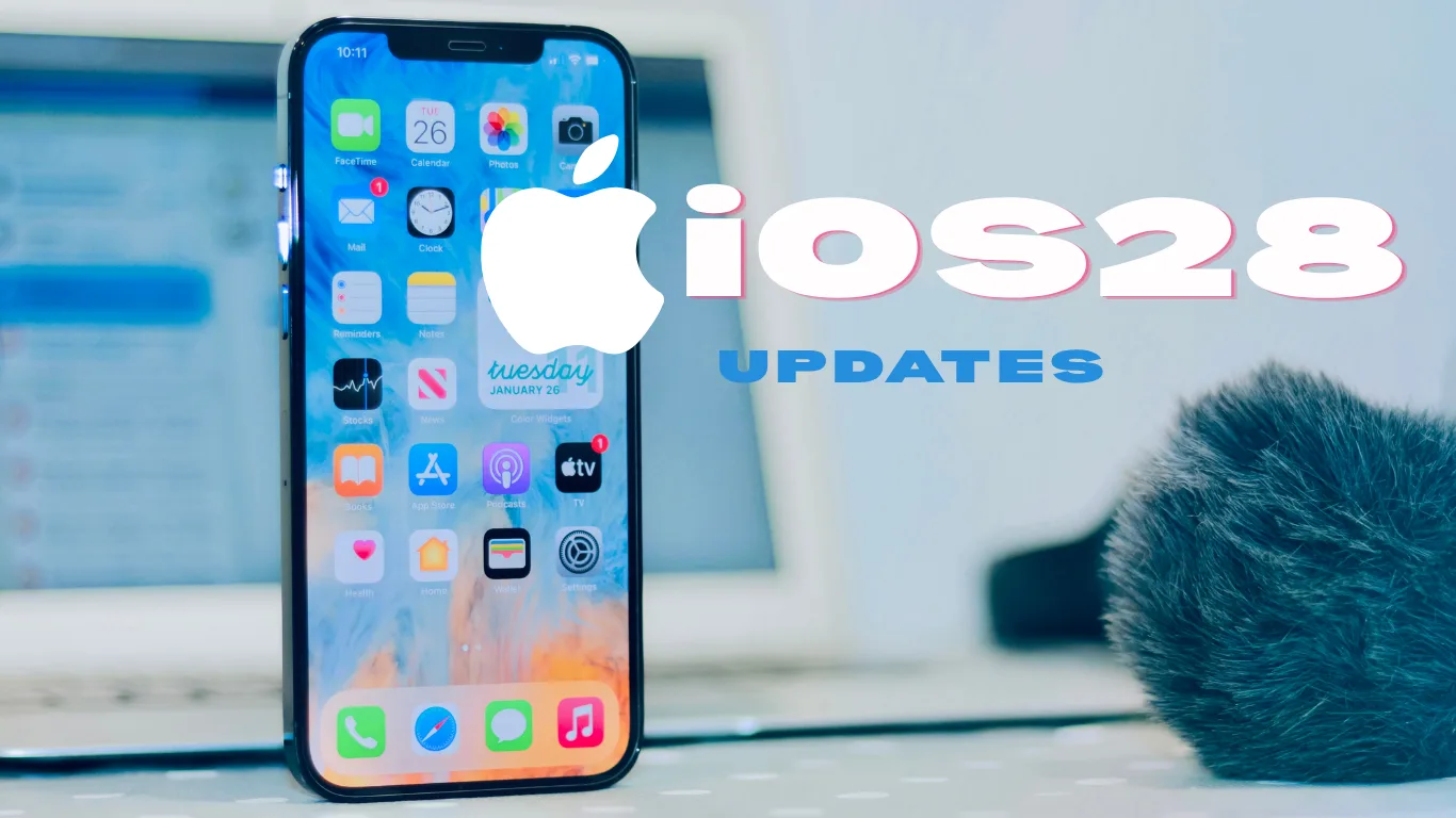 iPhone with home screen icons on display; bold 'ios28 UPDATES' text overlays the image.