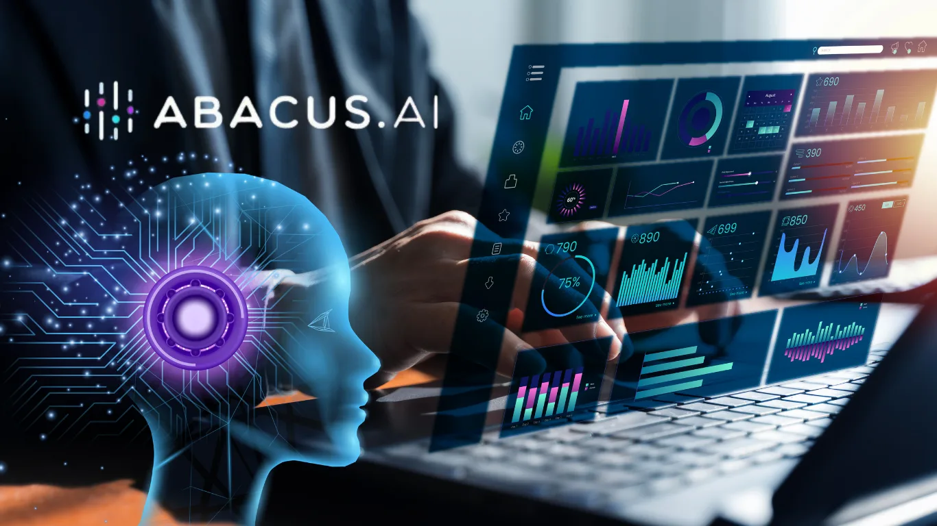 Blue AI head with circuitry and a glowing neural core beside a laptop displaying colorful analytics dashboards (ABACUS.AI)