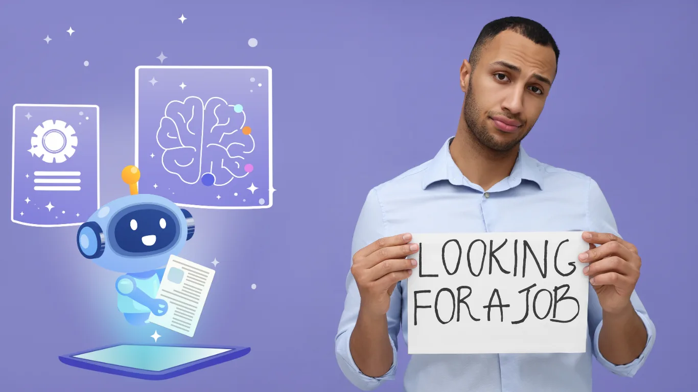 Man holds a sign reading 'Looking for a job' beside a friendly robot and tech-inspired illustrations on a purple background.