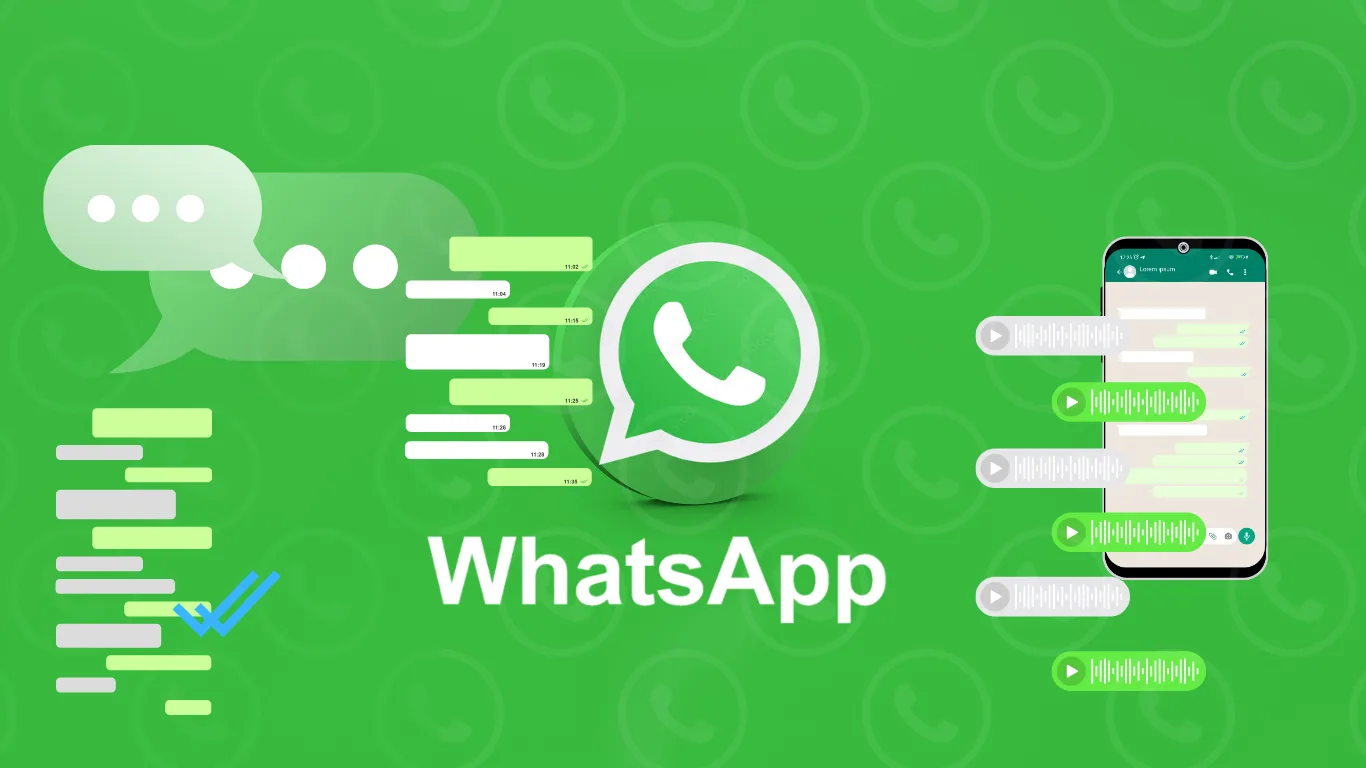 WhatsApp logo with chat bubbles and audio messages on a green gradient background