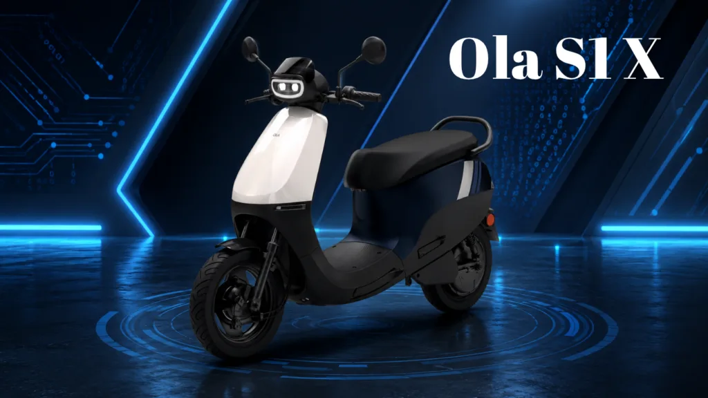 Ola SIX electric scooter on a futuristic blue tech stage, with neon lines and the model name 'Ola SIX' visible in the background.