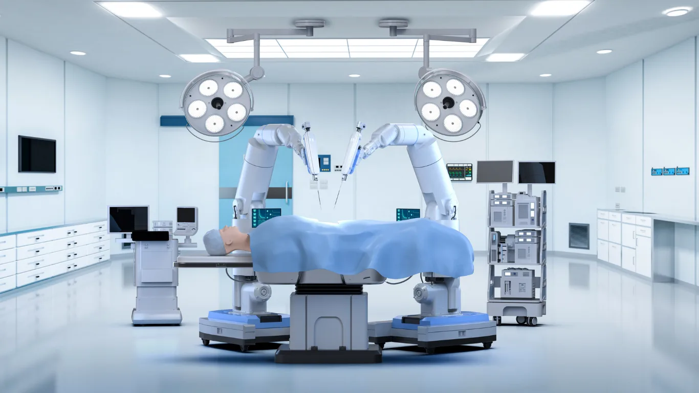 Surgical robotic system with two robotic arms over a patient on an operating table in a bright OR (no start of image).