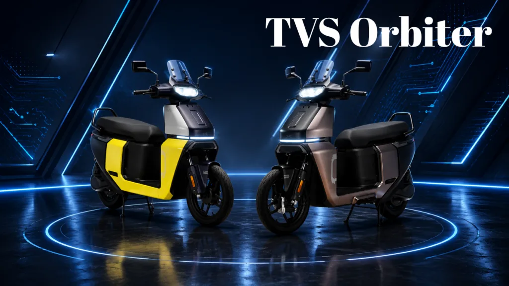 Two futuristic TVS Orbiter electric scooters in a neon-lit showroom, with a large TVS Orbiter logo above them.”,