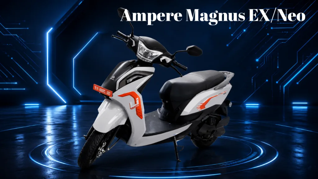 Electric scooter (white and black) with orange accents displayed in a futuristic blue circuitry backdrop; title reads 'Ampere Magnus EX/Neo' at top.