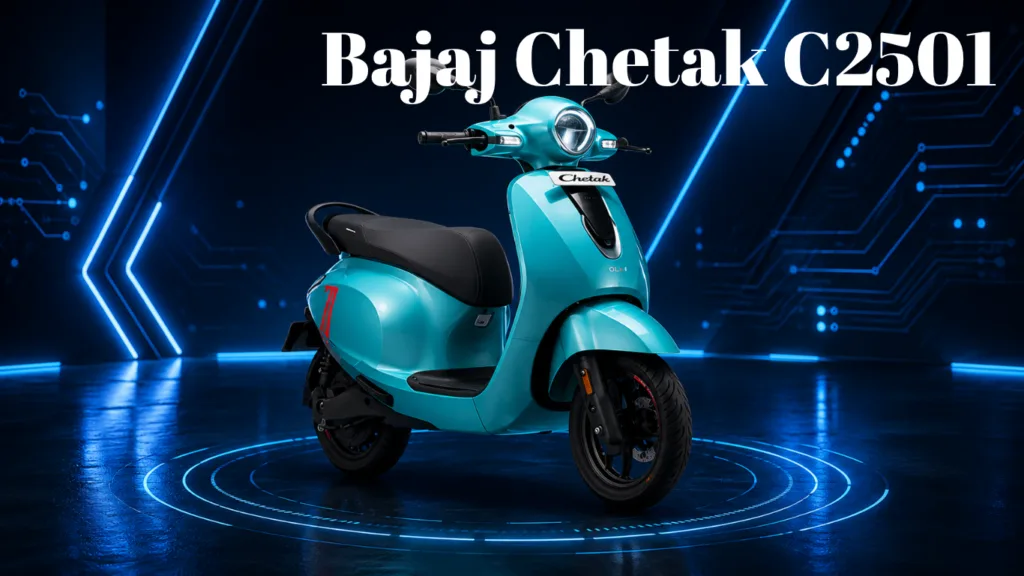 Turquoise Bajaj Chetak C2501 scooter displayed on a neon blue, futuristic stage.