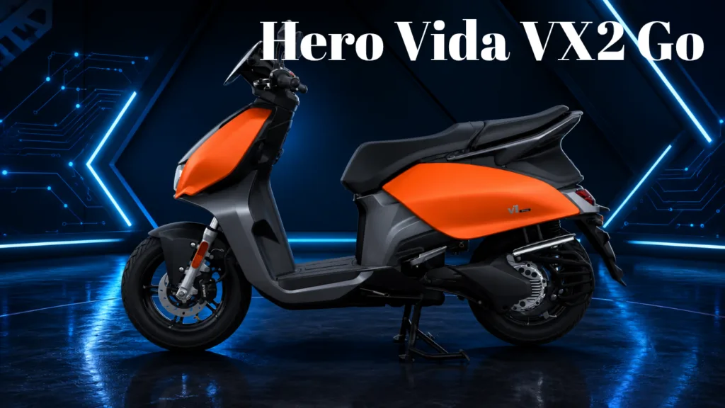 Orange Hero Vida VX2 Go scooter on a blue neon tech background, side view.