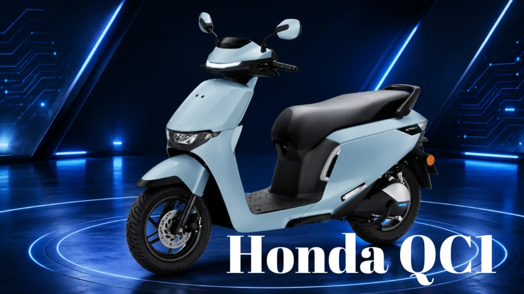 Blue and white Honda scooter displayed in a futuristic neon-blue studio with glowing lines and circular floor lights, bottom text reads 'Honda'.