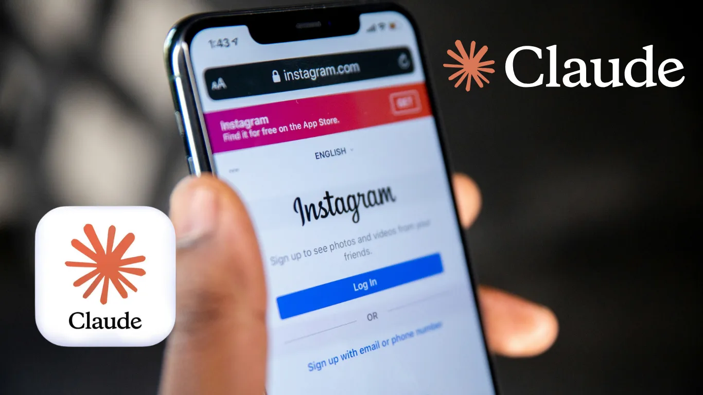 Person holding a smartphone displaying Instagram login screen; Claude app logo appears in the foreground left and Claude branding on the right side.