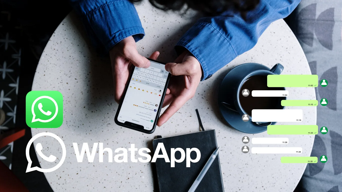 Overhead view of a person in a blue shirt using a phone at a speckled table, with WhatsApp logo and chat bubbles overlay.