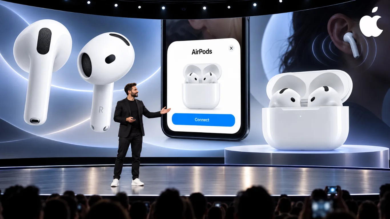 Apple AirPods 5 shown close-up on stage beside an iPhone displaying the AirPods pairing card