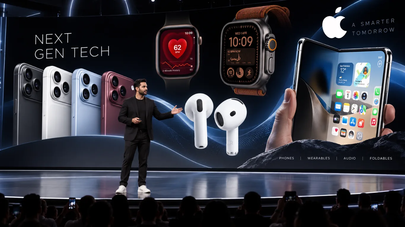 Apple Event 2026 keynote stage showing the iPhone 18 Pro lineup, Apple Watch Series 12 and Ultra 4, AirPods 5 and the foldable iPhone Duo