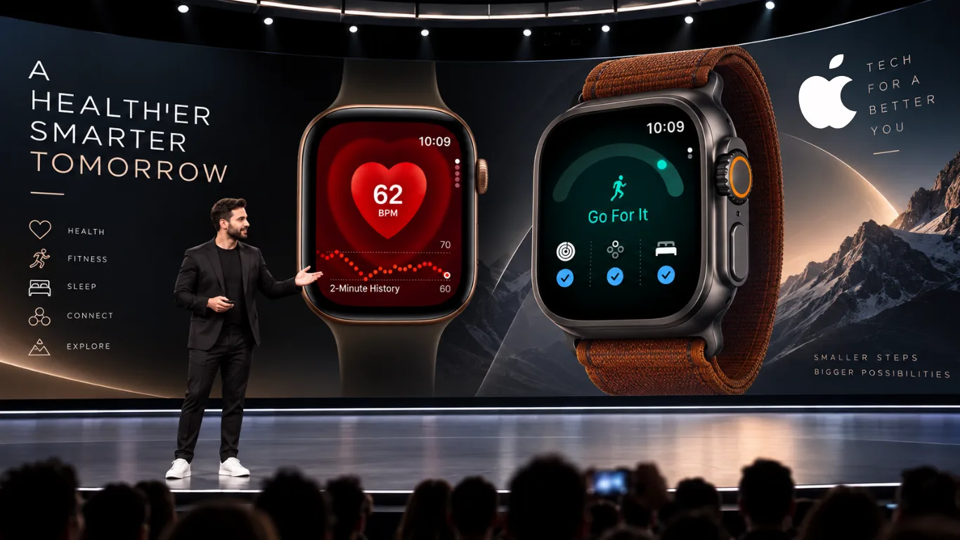 Apple Watch Series 12 displaying a 62 BPM heart rate reading beside an Apple Watch Ultra 4 showing a daily Readiness score