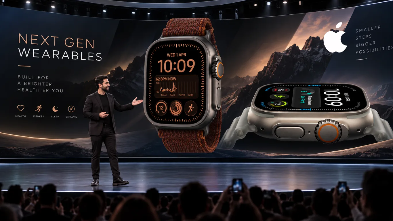 Apple Watch Ultra 4 in titanium with an orange trail loop band, showing a heart-rate complication and workout dial