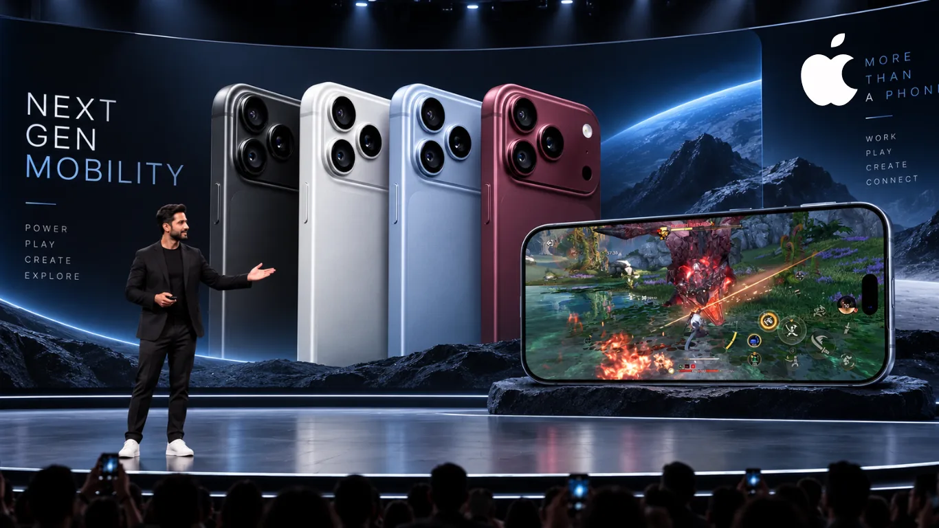 Apple iPhone 18 Pro in black, silver, glacier and burgundy finishes beside a handset running a graphically demanding game