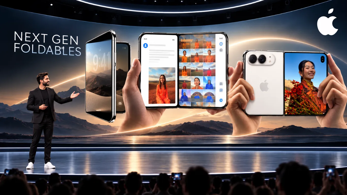 Apple iPhone Duo foldable shown open and closed on stage at the Apple Event 2026, with the inner display running Photos and Messages