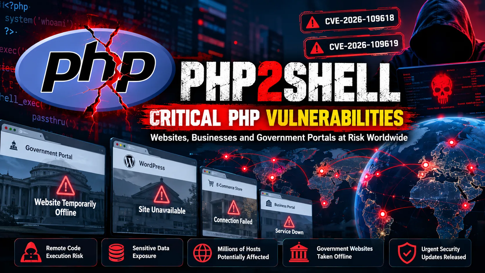 PHP2Shell vulnerability graphic showing government, WordPress and e-commerce websites offline, with CVE-2026-109618 and CVE-2026-109619 flagged