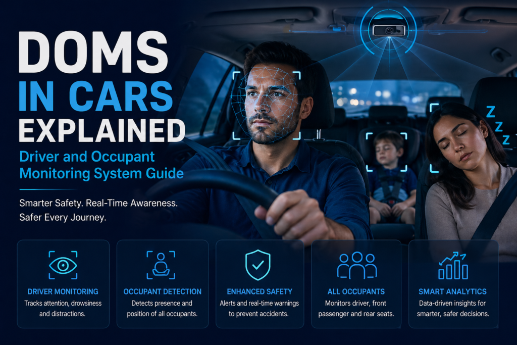 Promotional image showing a man driving with facial‑tracking grid over his face and a sleeping woman and child in the back seat with blue UI overlays