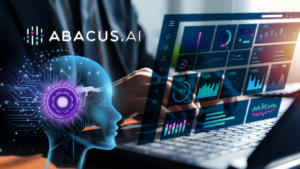 Blue AI head with circuitry and a glowing neural core beside a laptop displaying colorful analytics dashboards (ABACUS.AI)