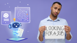 Man holds a sign reading 'Looking for a job' beside a friendly robot and tech-inspired illustrations on a purple background.
