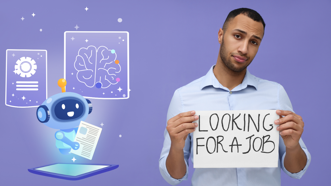 Man holds a sign reading 'Looking for a job' beside a friendly robot and tech-inspired illustrations on a purple background.