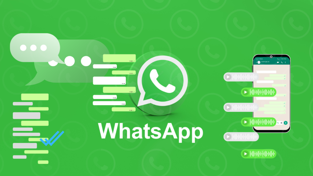 WhatsApp logo with chat bubbles and audio messages on a green gradient background
