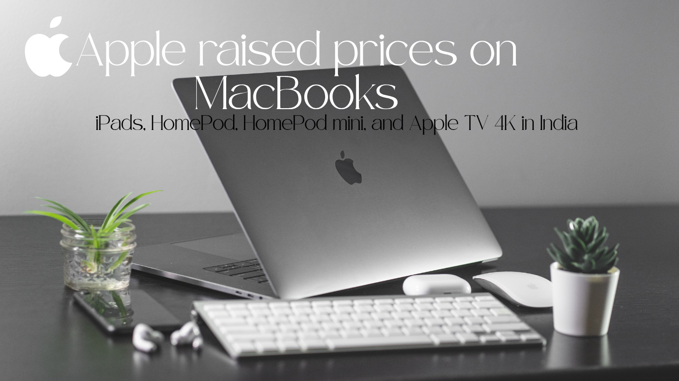 Hero image of a silver MacBook on a desk with a keyboard, mouse, and small plants, captioned with an article about Apple raising MacBook prices.