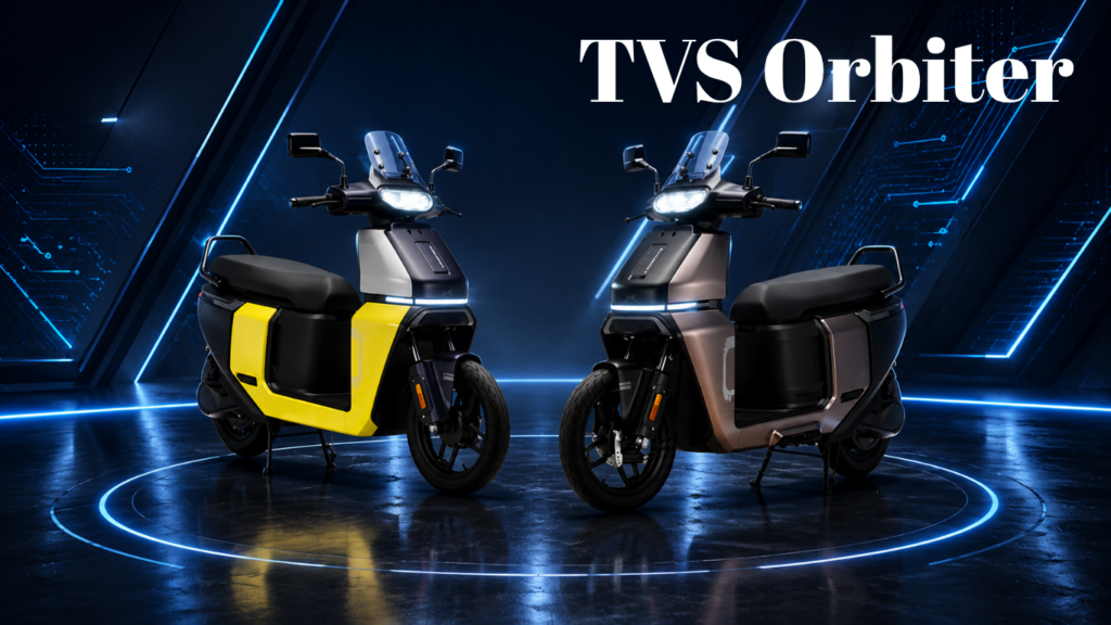 Two futuristic TVS Orbiter electric scooters in a neon-lit showroom, with a large TVS Orbiter logo above them.”,