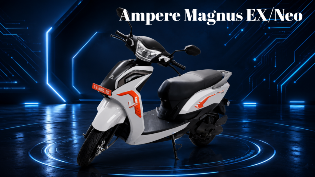 Electric scooter (white and black) with orange accents displayed in a futuristic blue circuitry backdrop; title reads 'Ampere Magnus EX/Neo' at top.