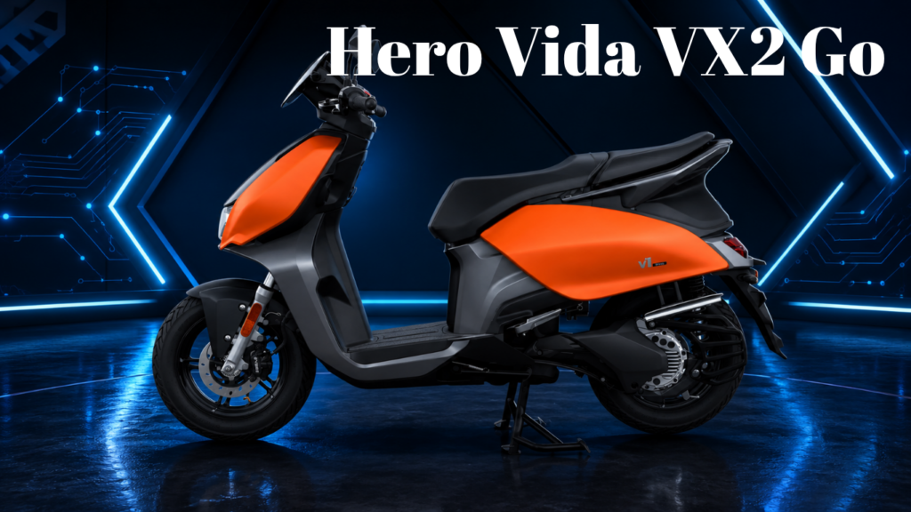 Orange Hero Vida VX2 Go scooter on a blue neon tech background, side view.