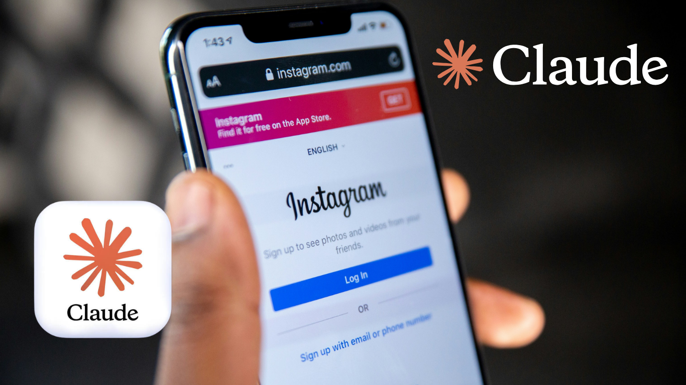 Person holding a smartphone displaying Instagram login screen; Claude app logo appears in the foreground left and Claude branding on the right side.