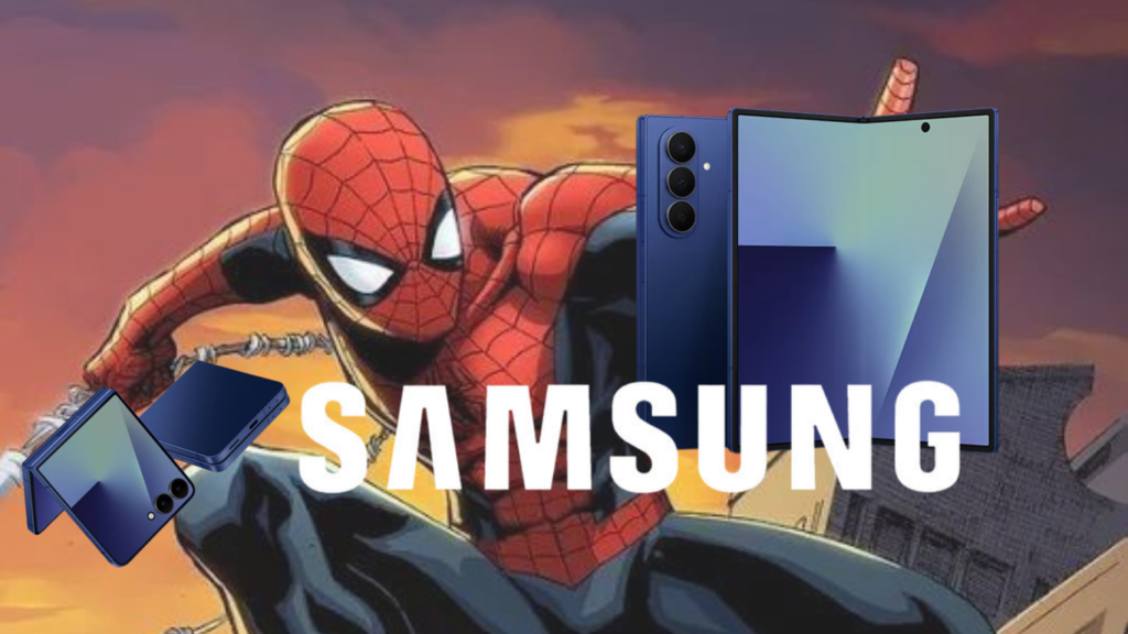 Composite promo image: Spider-Man in the background with Samsung smartphones and a tablet in the foreground and a large SAMSUNG logo overlay.