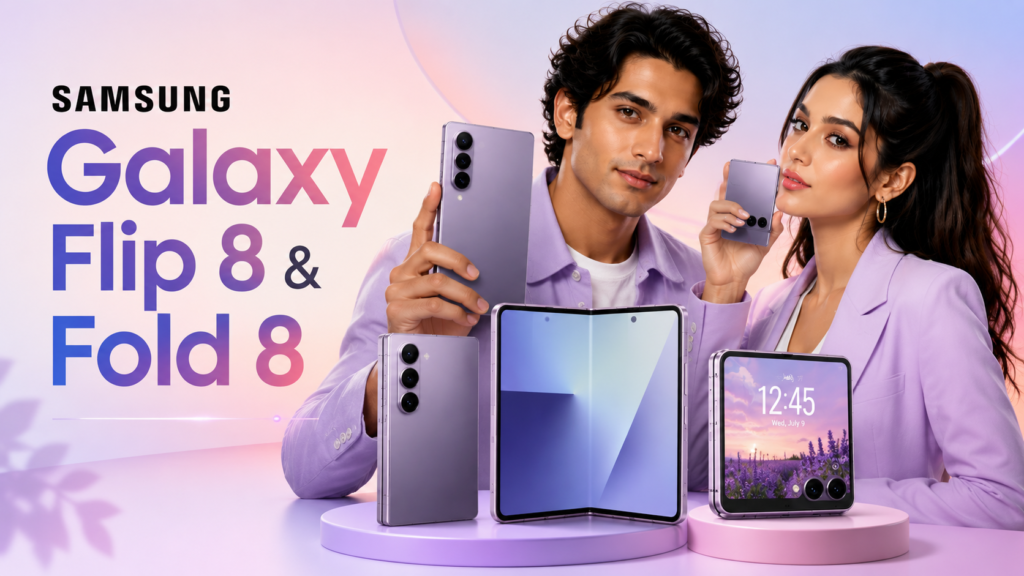 Promo image of a man and woman in lavender outfits showcasing Samsung Galaxy Flip 8 and Galaxy Fold 8 with multiple devices on pastel gradient backdrop.