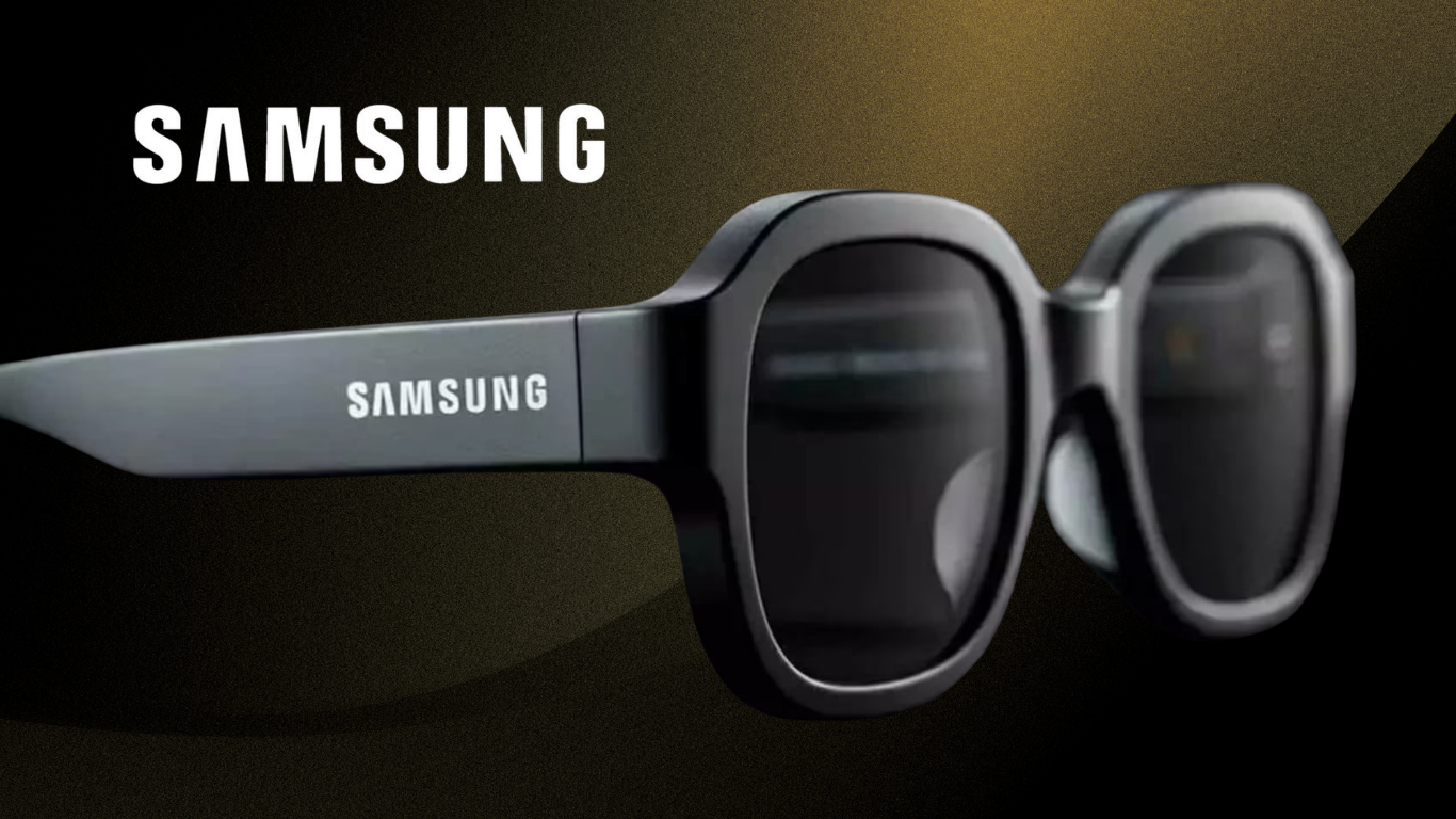 Samsung-branded smart glasses displayed against a dark gradient background