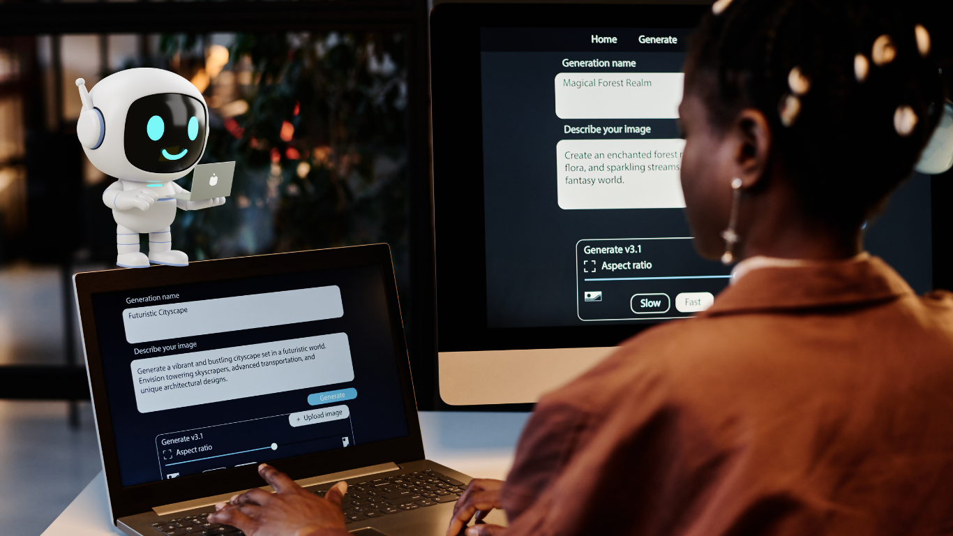 A person works on a laptop and a large monitor displaying an AI generation interface, with a friendly white robot hologram beside the laptops.